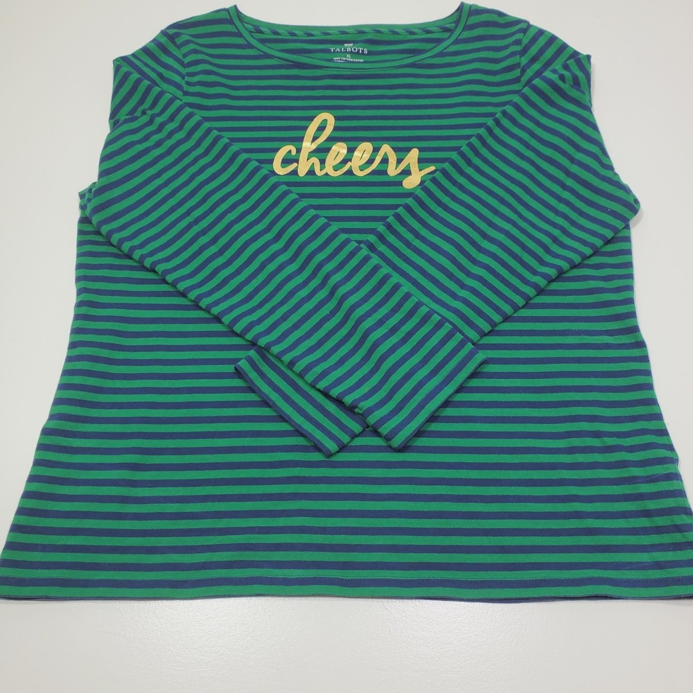 Talbots Women Green/Blue Striped Long Sleeve Knit Cotton T-Shirt Graphic XL
